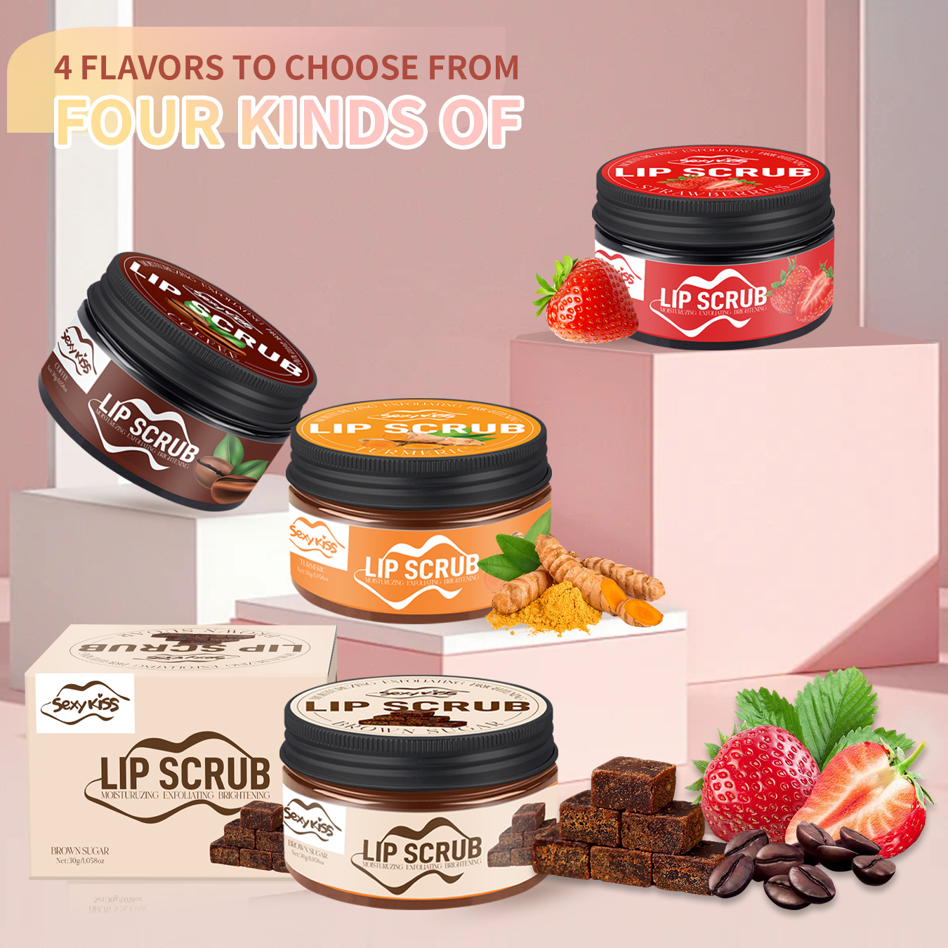 Sugar Scrub Coffee - Strawberry, Coffee, brown Sugar, Turmeric Lip